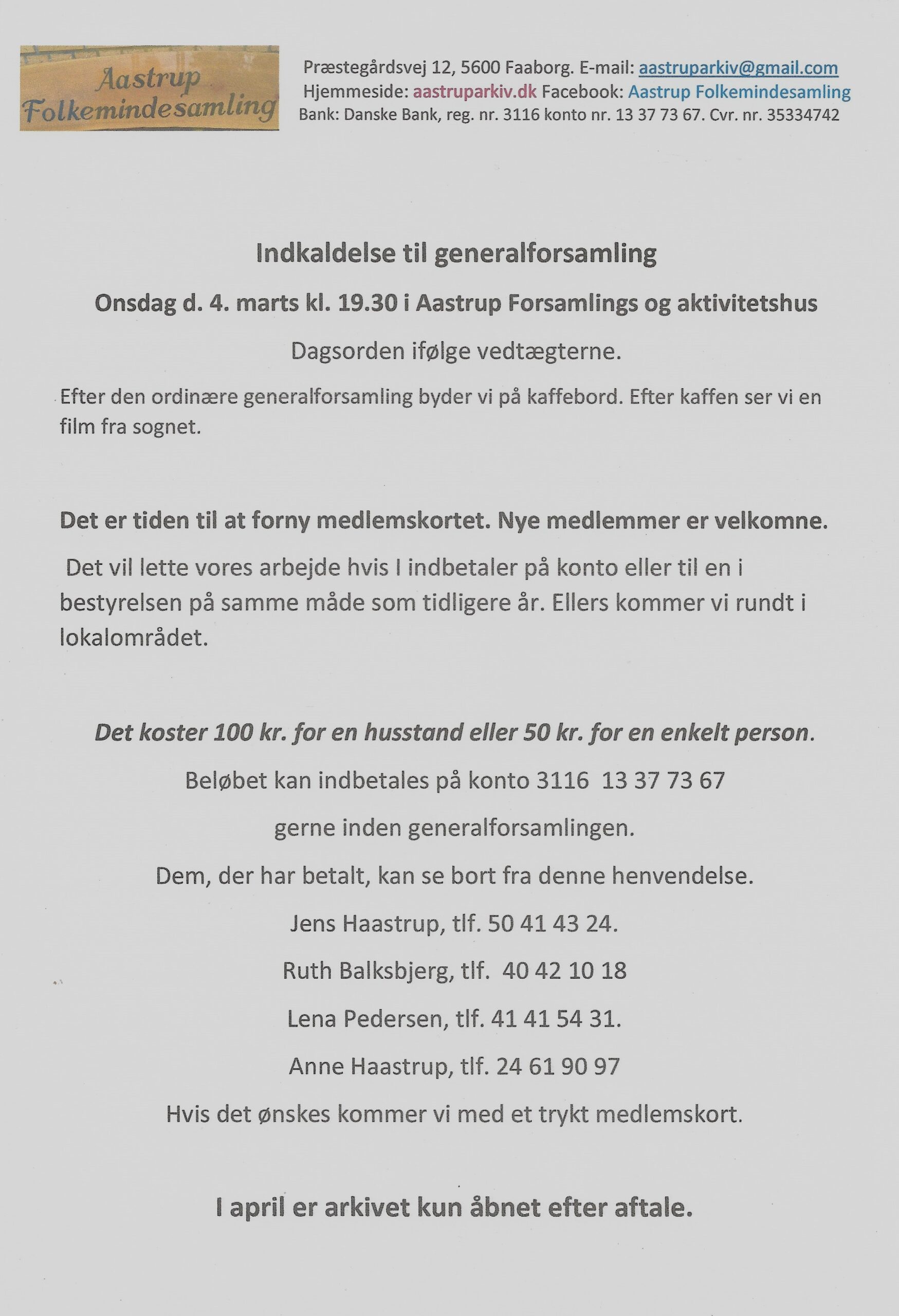 Indkaldelse til generalforsamling, Aastrup Folkemindesamling, 2026